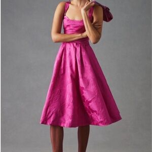 Anthropologie Pink Pleated Midi Dress Square Neck Cap Sleeve size 8